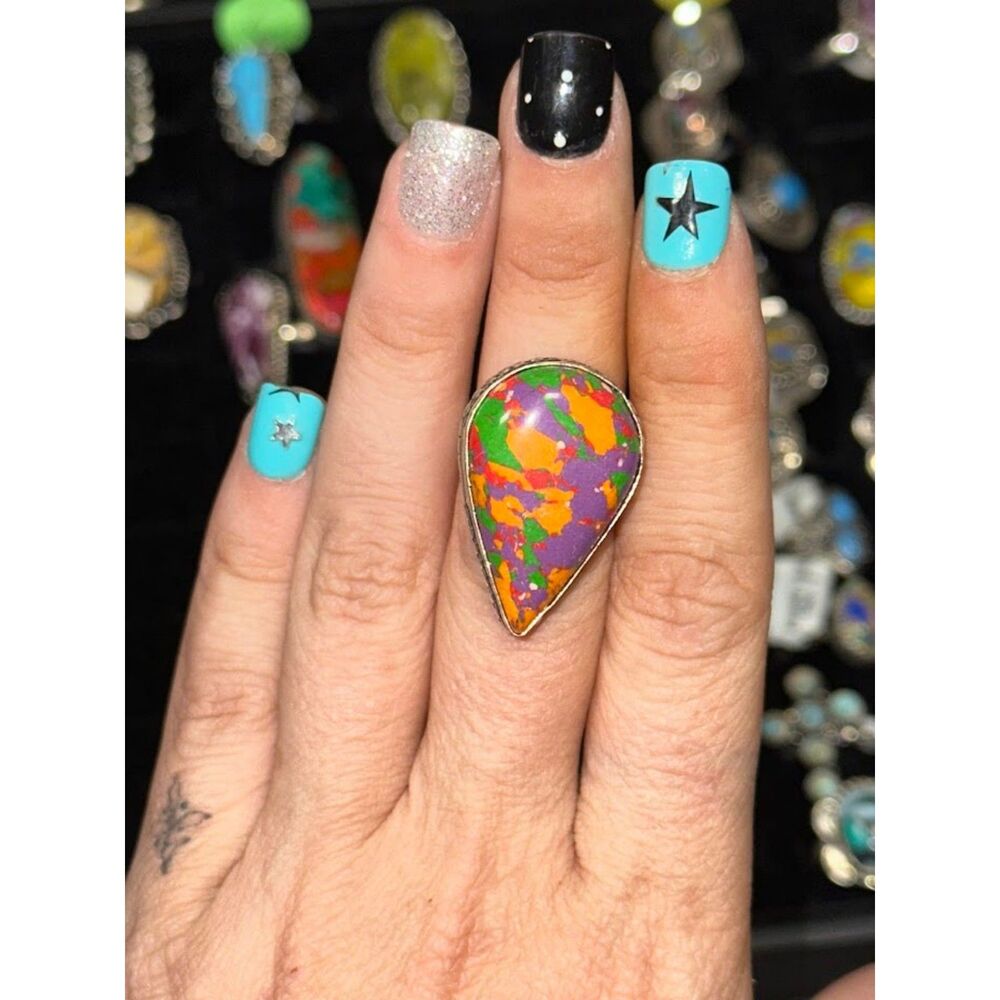 Mosaic Turquoise Teardrop Sterling Silver Overlay Size 7
